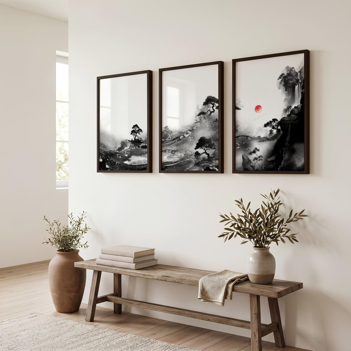 Modern Japanese Art wall art | Ink Landscape with Red Sun & Pine Trees displayed on a wall in a styled room — view 2