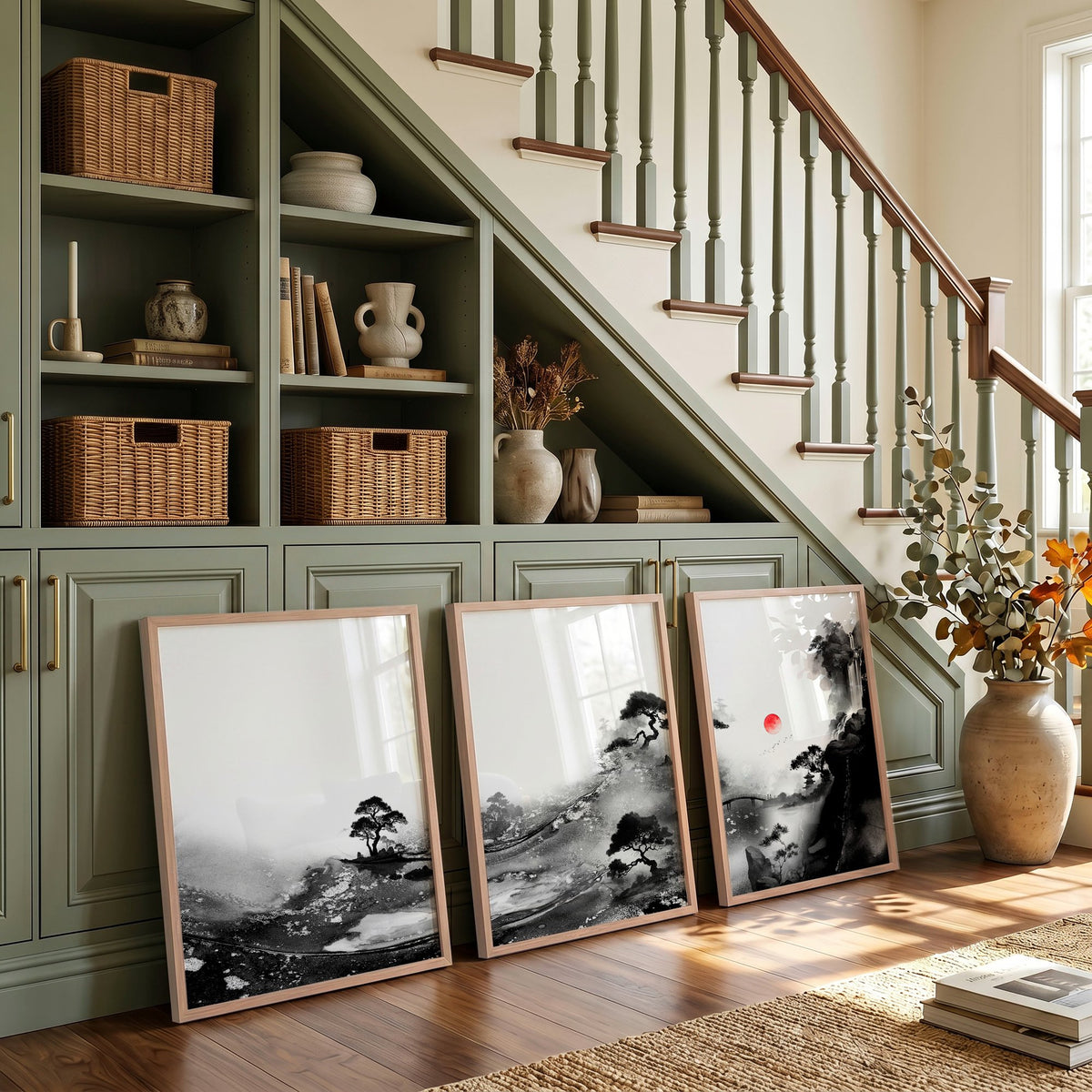 Modern Japanese Art wall art | Ink Landscape with Red Sun & Pine Trees displayed on a wall in a styled room — view 3