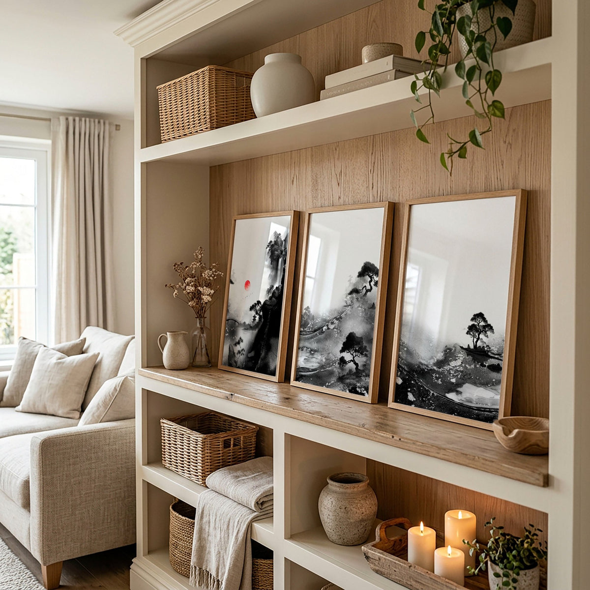 Modern Japanese Art wall art | Ink Landscape with Red Sun & Pine Trees displayed on a wall in a styled room — view 4