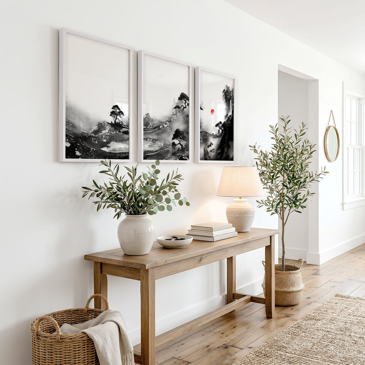 Modern Japanese Art wall art | Ink Landscape with Red Sun & Pine Trees displayed on a wall in a styled room — view 5