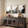 Modern Japanese Art wall art | Ink Landscape with Red Sun & Pine Trees displayed on a wall in a styled room — view 6