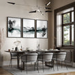 Modern Japanese Wall Art Ink Wash Landscape, Black White Green Zen Waterfall displayed on a wall in a styled room