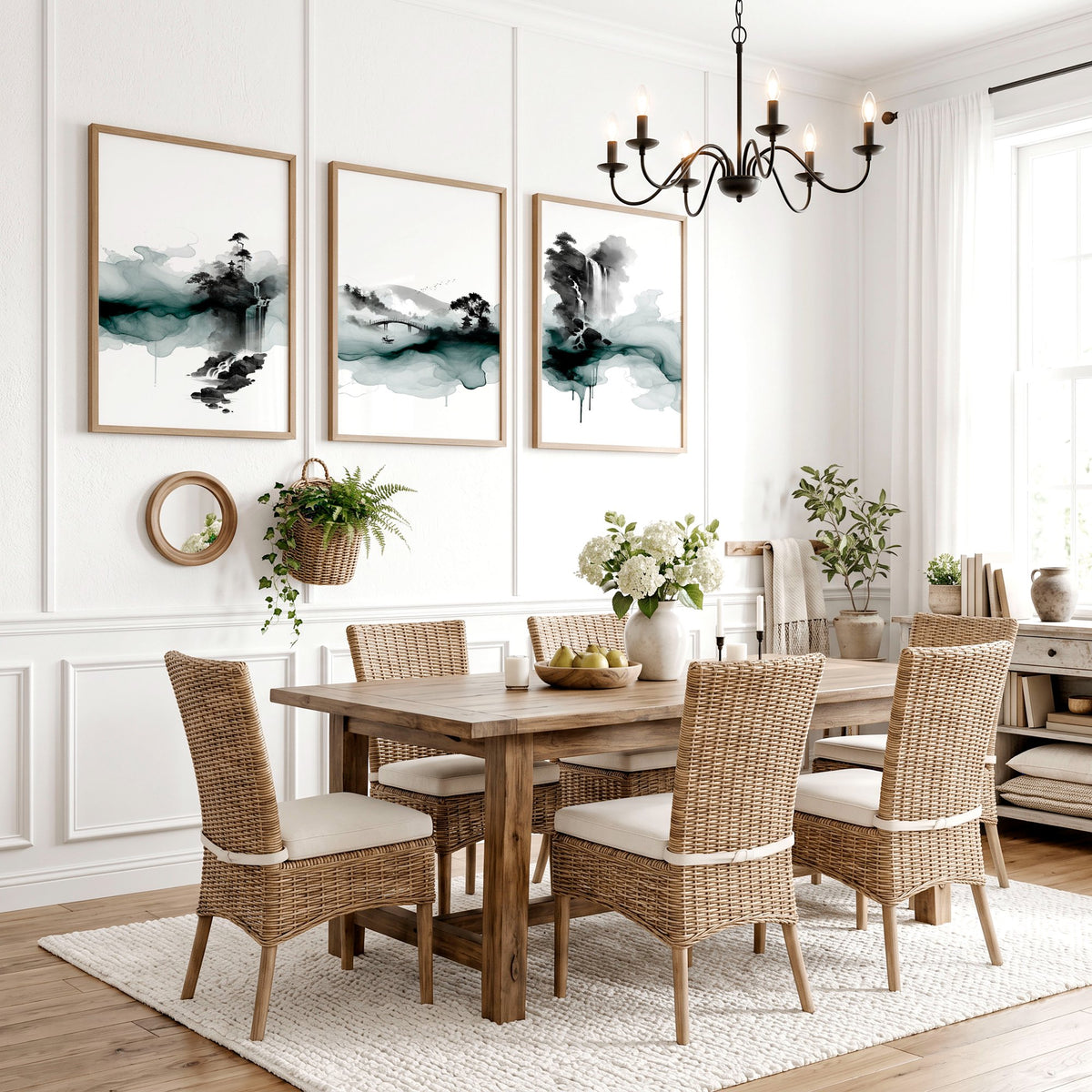 Modern Japanese Wall Art Ink Wash Landscape, Black White Green Zen Waterfall displayed on a wall in a styled room — view 2