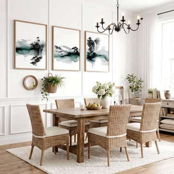Modern Japanese Wall Art Ink Wash Landscape, Black White Green Zen Waterfall displayed on a wall in a styled room — view 2