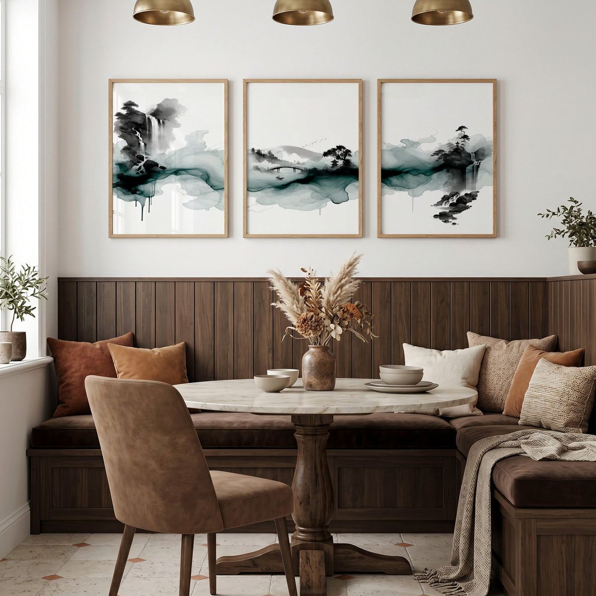 Modern Japanese Wall Art Ink Wash Landscape, Black White Green Zen Waterfall displayed on a wall in a styled room — view 3