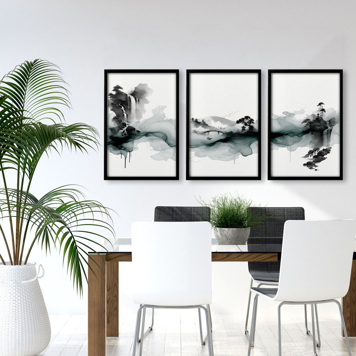 Modern Japanese Wall Art Ink Wash Landscape, Black White Green Zen Waterfall displayed on a wall in a styled room — view 4