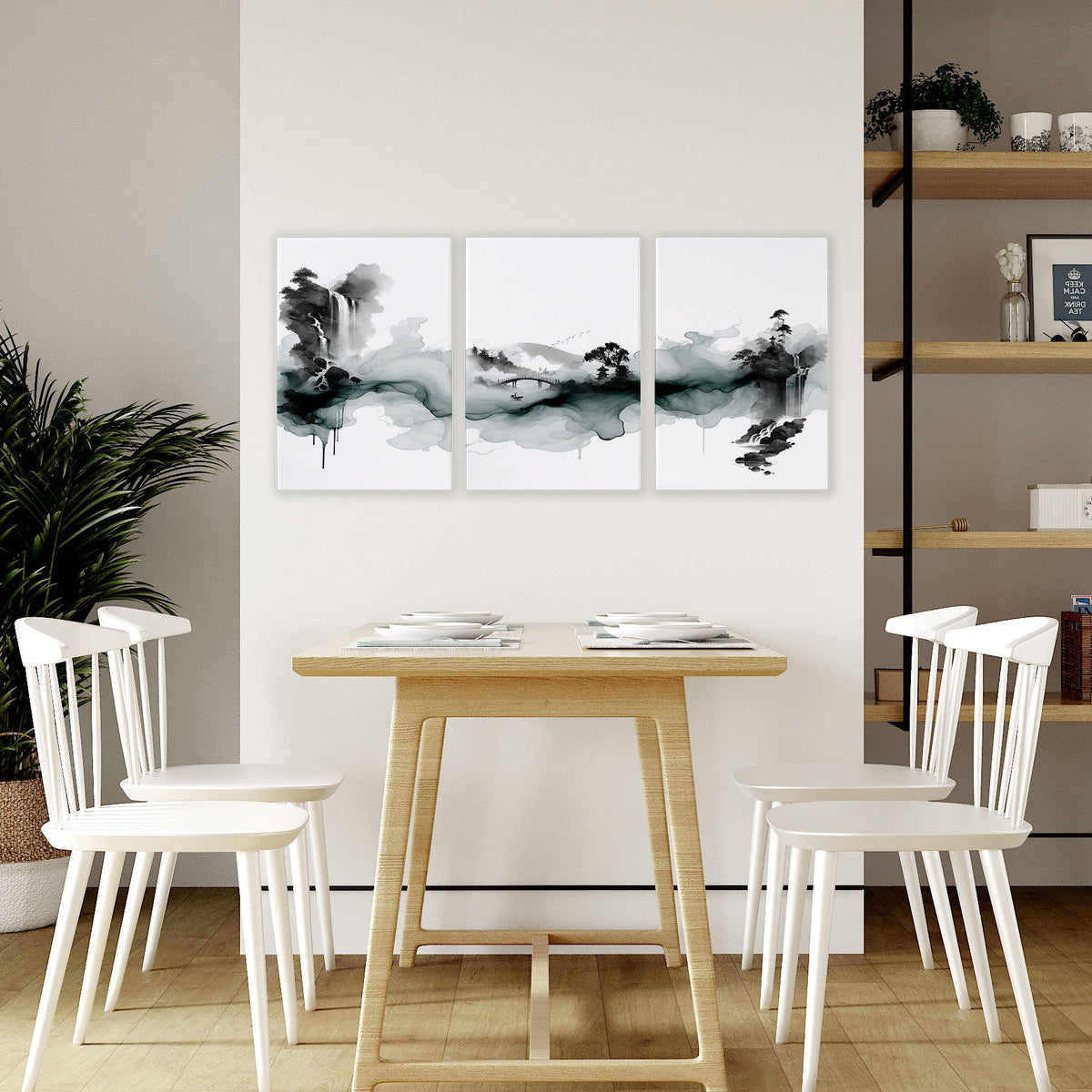 Modern Japanese Wall Art Ink Wash Landscape, Black White Green Zen Waterfall displayed on a wall in a styled room — view 5