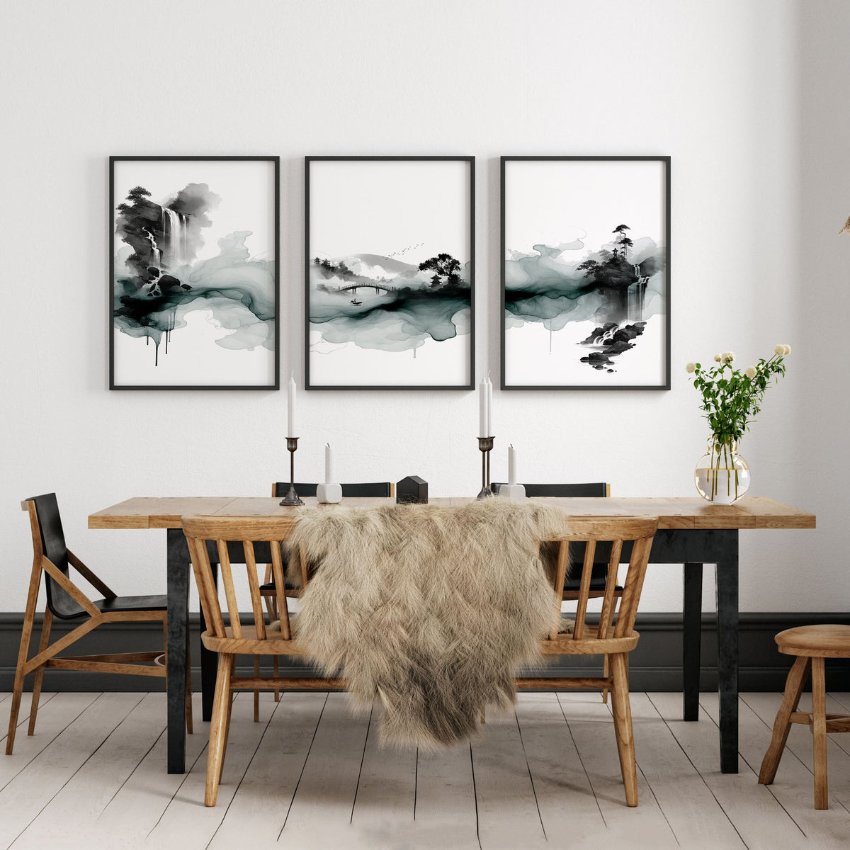 Modern Japanese Wall Art Ink Wash Landscape, Black White Green Zen Waterfall displayed on a wall in a styled room — view 6