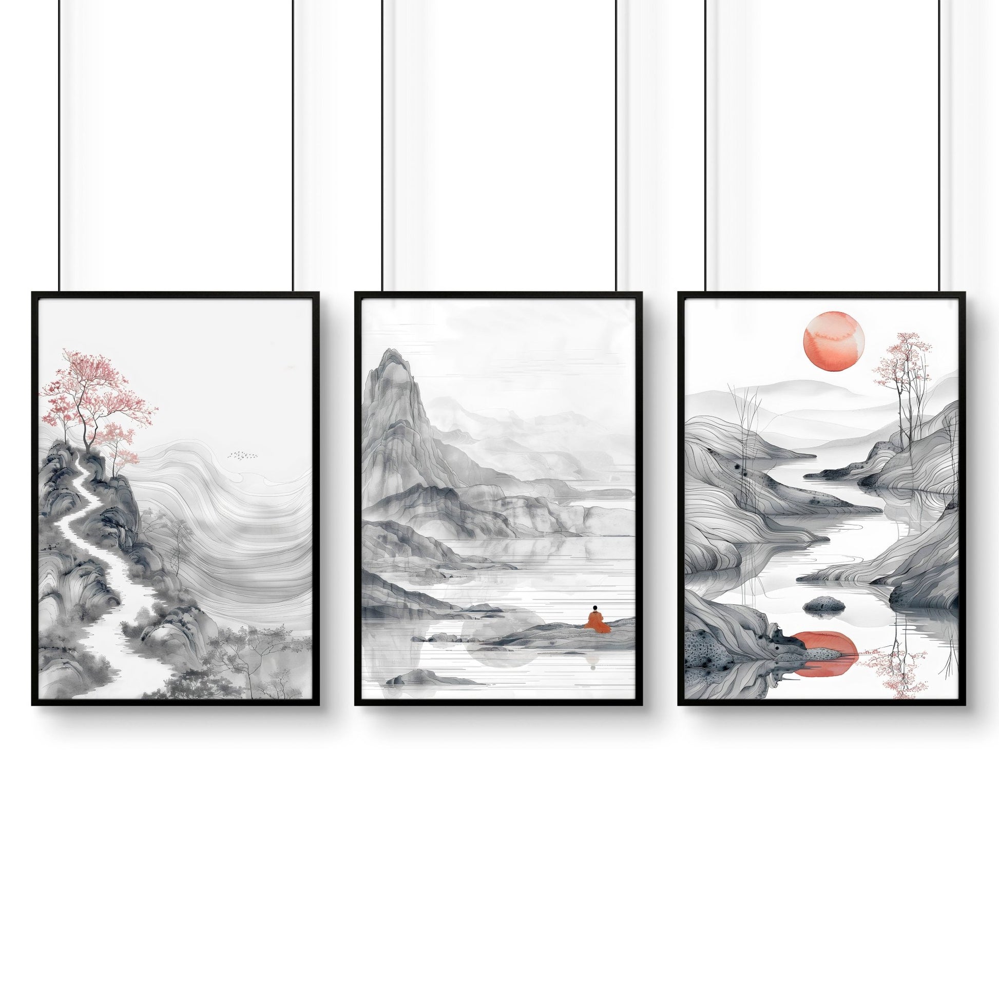 Modern Living Room Art | Set of 3 Asian Inspired Wall art Prints