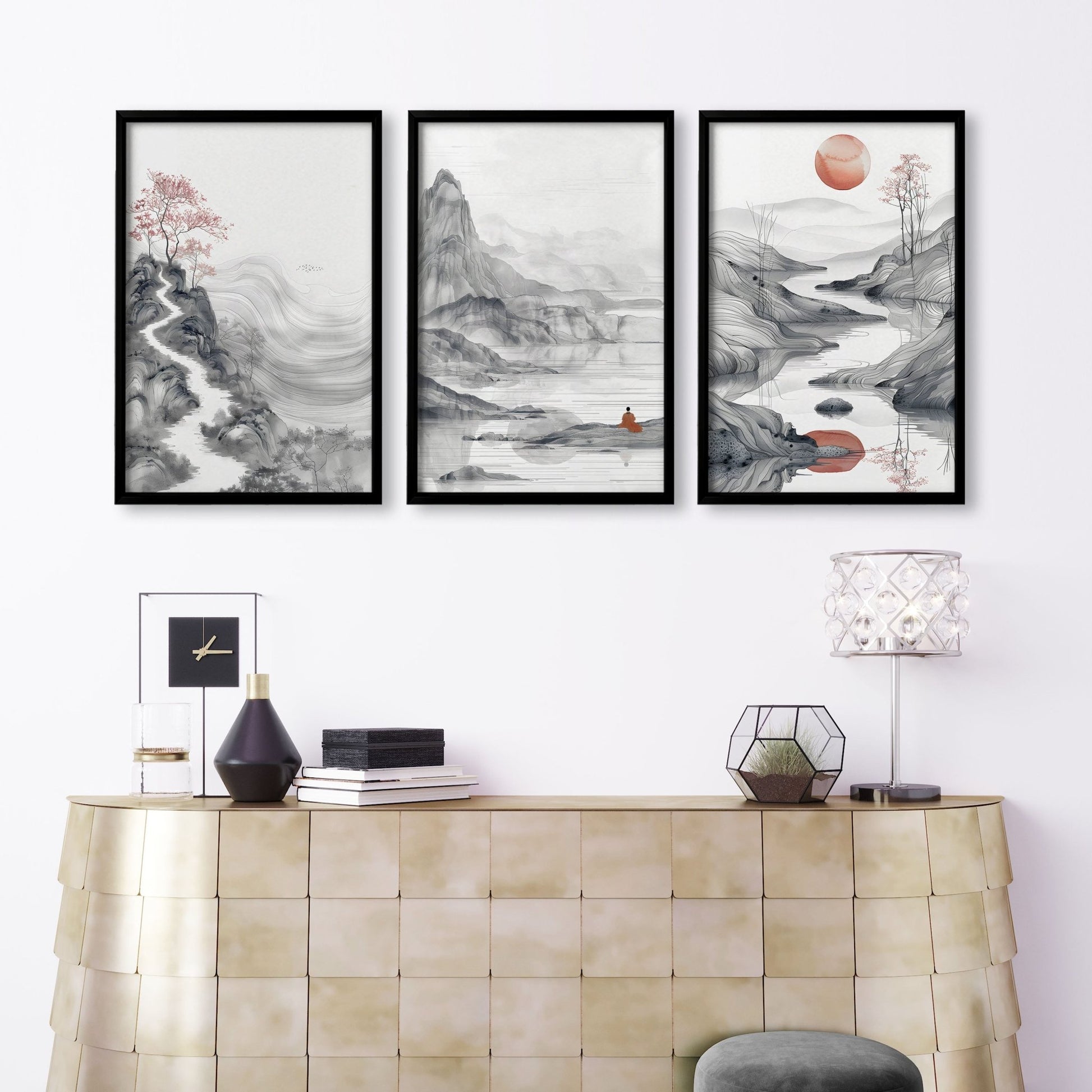 Modern Living Room Art | Set of 3 Asian Inspired Wall art Prints