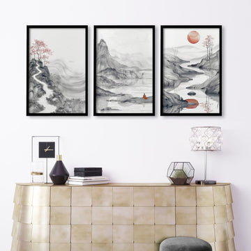 Modern Living Room Art | Set of 3 Asian Inspired Wall art Prints