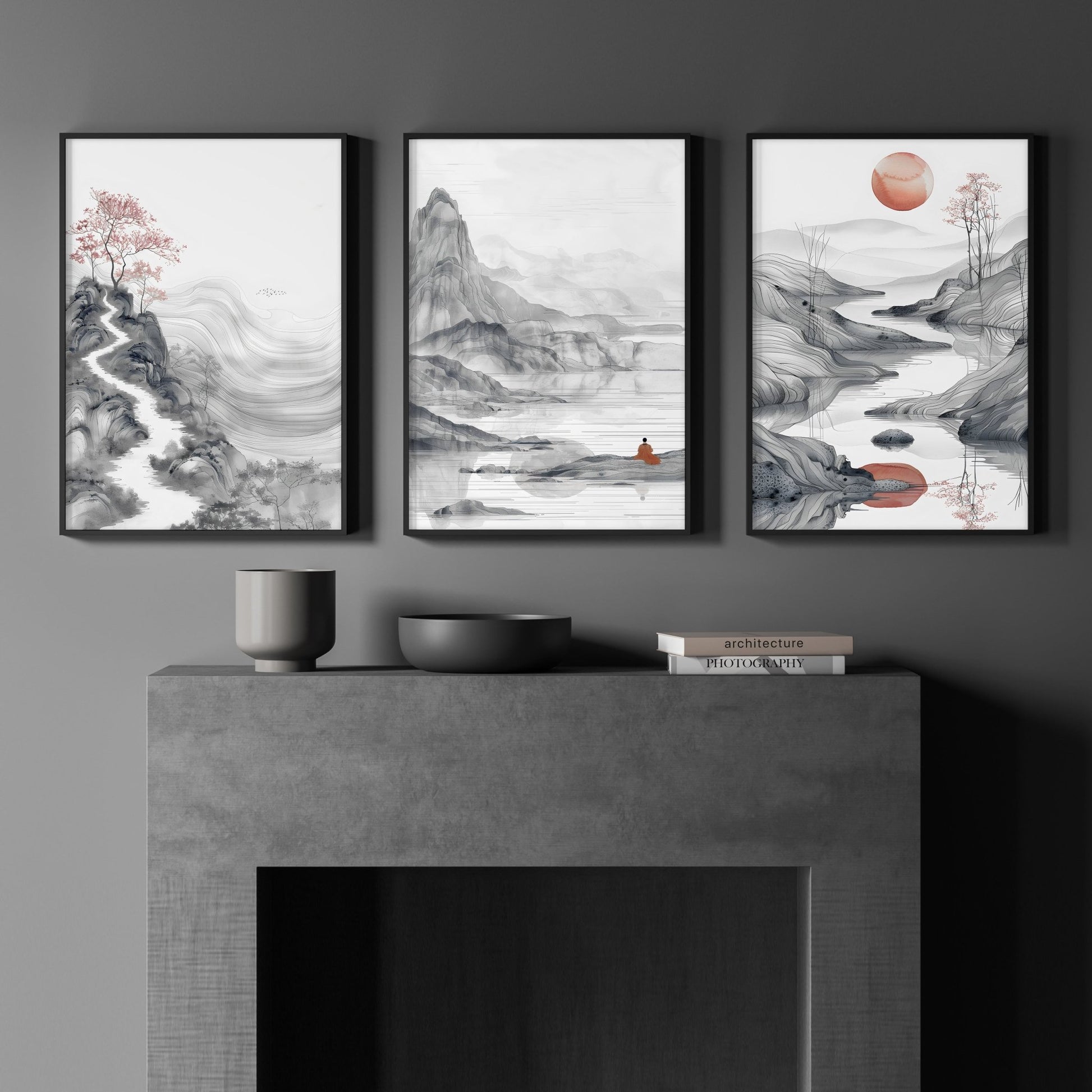 Modern Living Room Art | Set of 3 Asian Inspired Wall art Prints