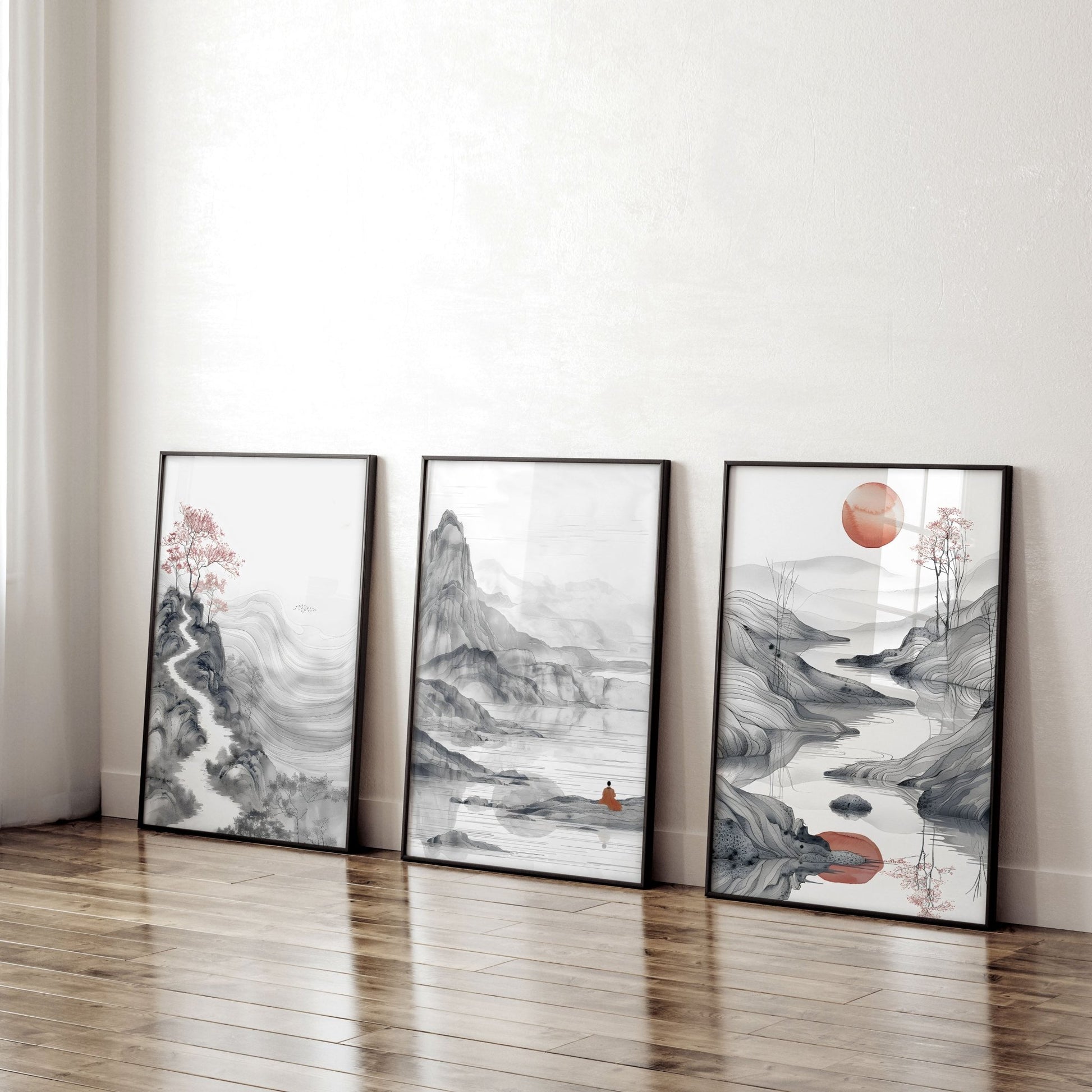 Modern Living Room Art | Set of 3 Asian Inspired Wall art Prints