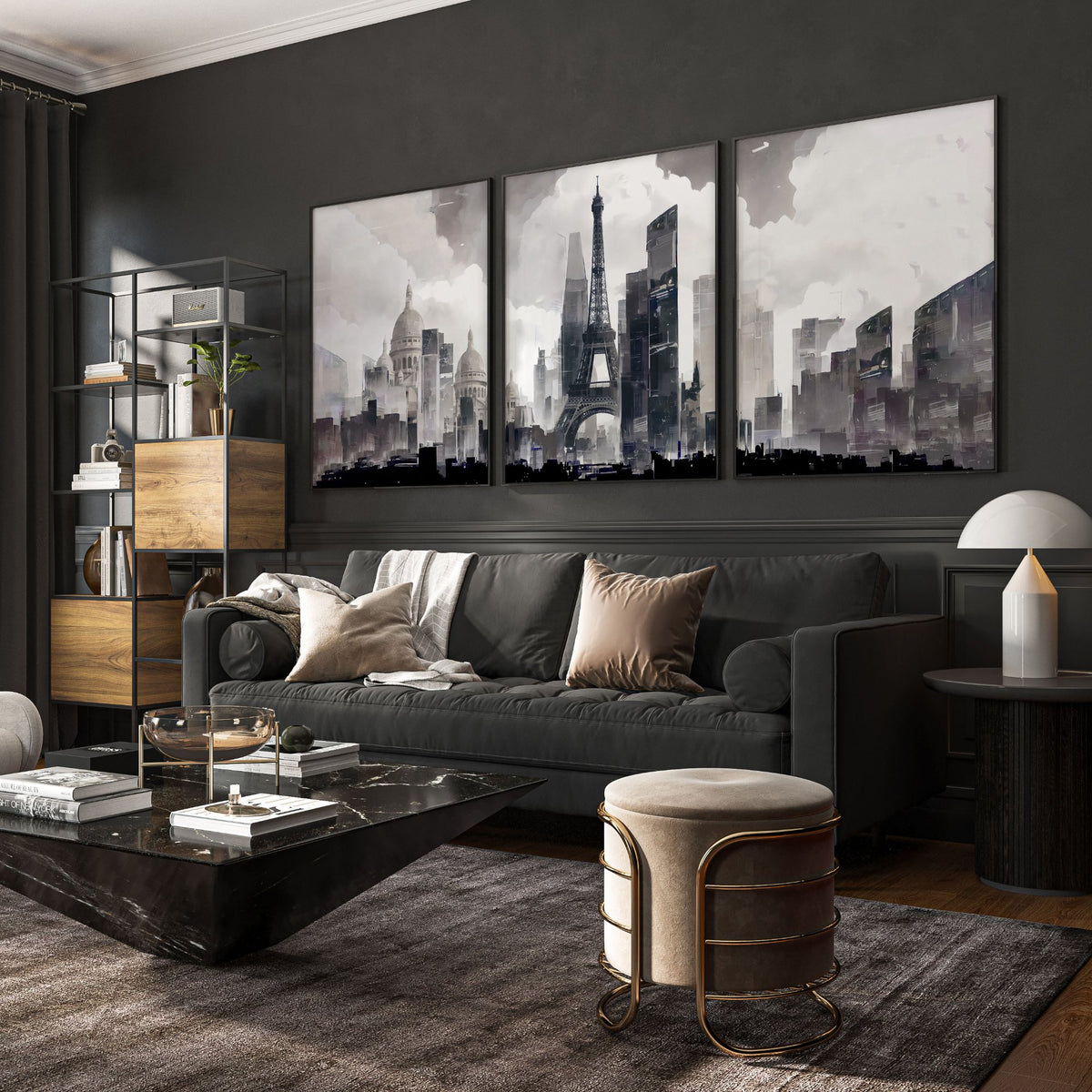 Modern Living Room Wall Art Paris Skyline Grey Watercolour Cityscape displayed on a wall in a styled room