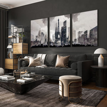 Modern Living Room Wall Art Paris Skyline Grey Watercolour Cityscape displayed on a wall in a styled room
