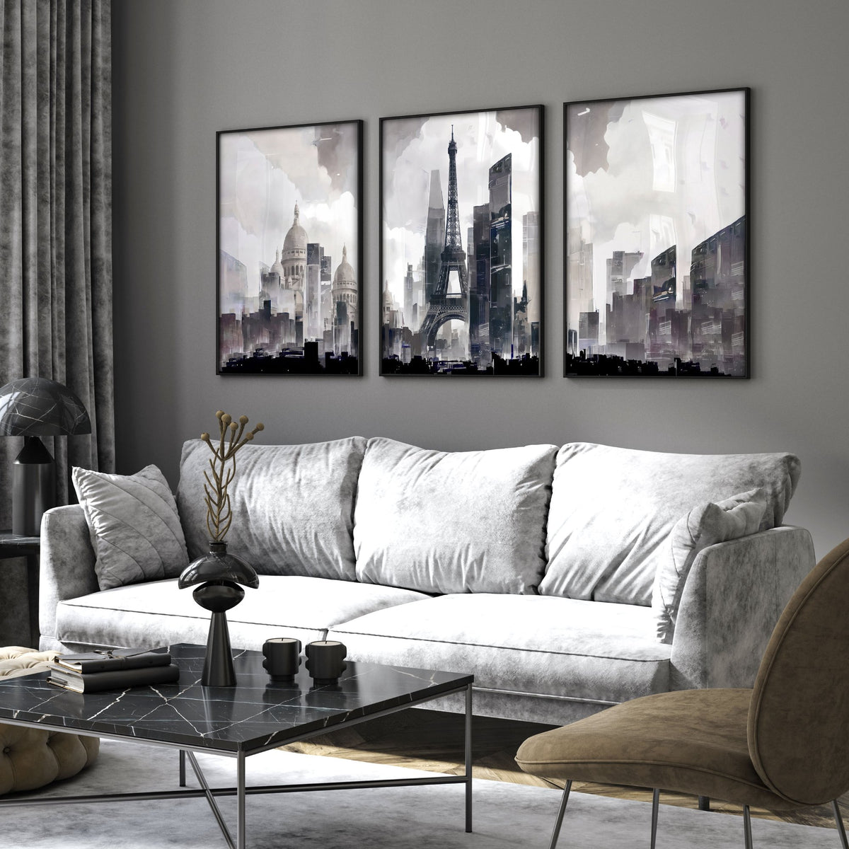 Modern Living Room Wall Art Paris Skyline Grey Watercolour Cityscape displayed on a wall in a styled room — view 2