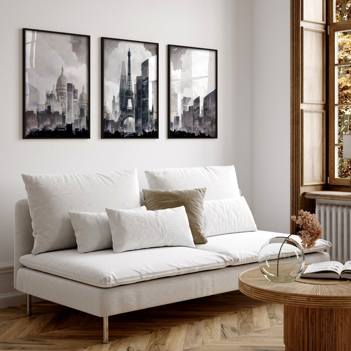 Modern Living Room Wall Art Paris Skyline Grey Watercolour Cityscape displayed on a wall in a styled room — view 3