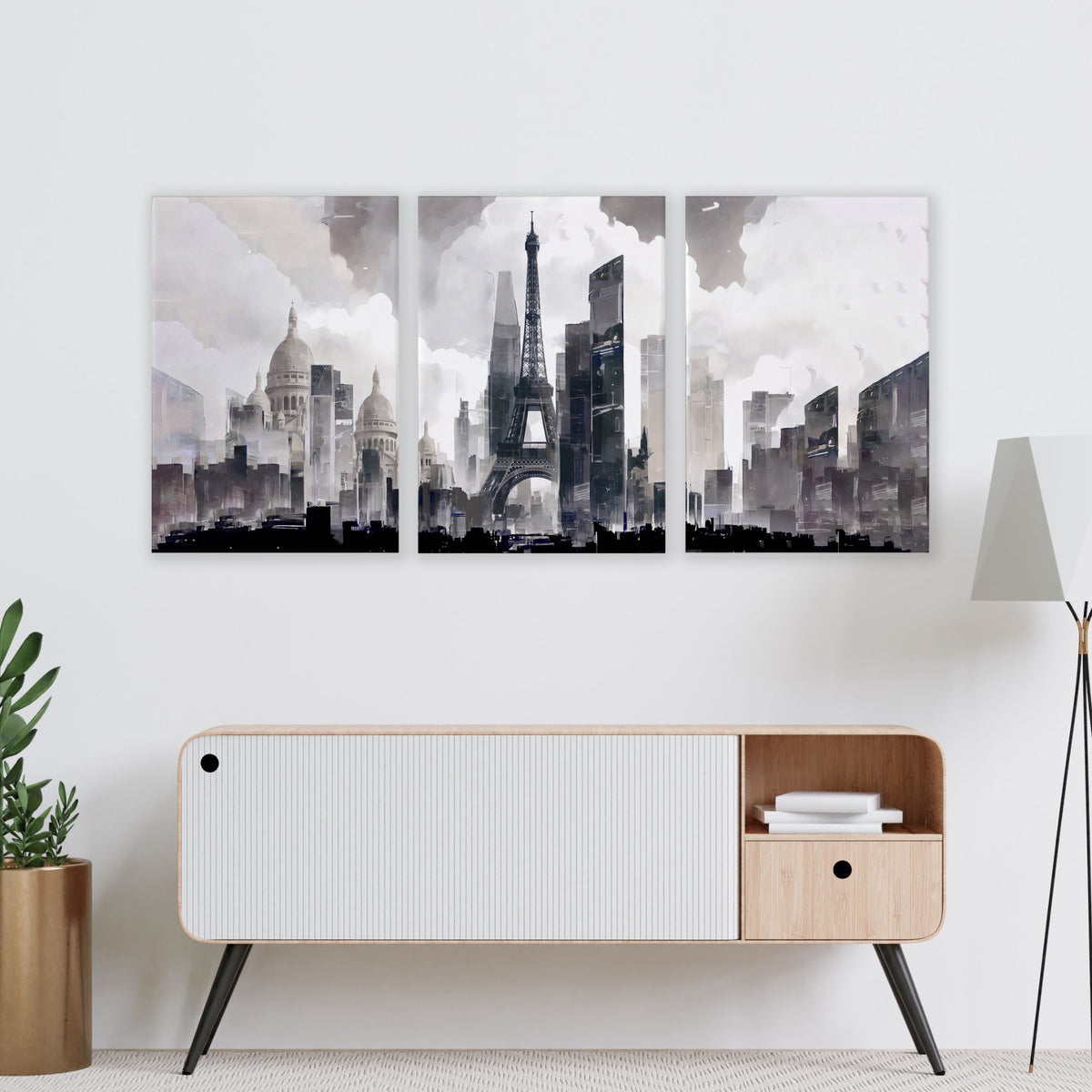 Modern Living Room Wall Art Paris Skyline Grey Watercolour Cityscape displayed on a wall in a styled room — view 6