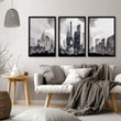 Modern Living Room Wall Art Paris Skyline Grey Watercolour Cityscape displayed on a wall in a styled room — view 7