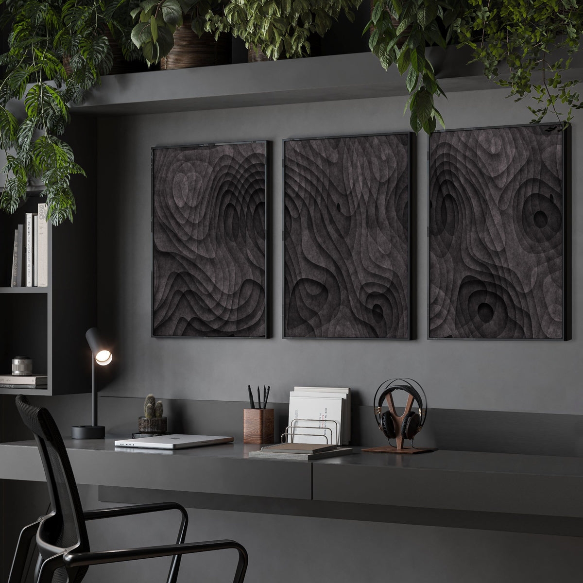 Modern Mid Century Wall Art Dark Charcoal Abstract Topographic Texture displayed on a wall in a styled room