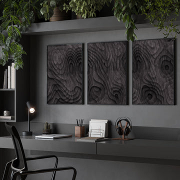Modern Mid Century Wall Art Dark Charcoal Abstract Topographic Texture displayed on a wall in a styled room