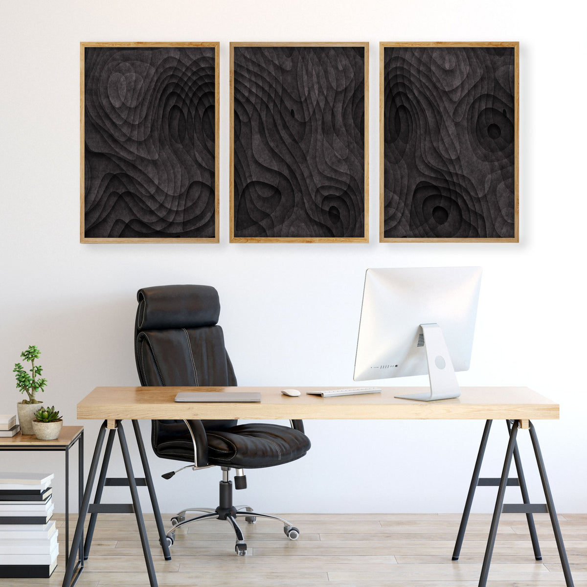 Modern Mid Century Wall Art Dark Charcoal Abstract Topographic Texture displayed on a wall in a styled room — view 2