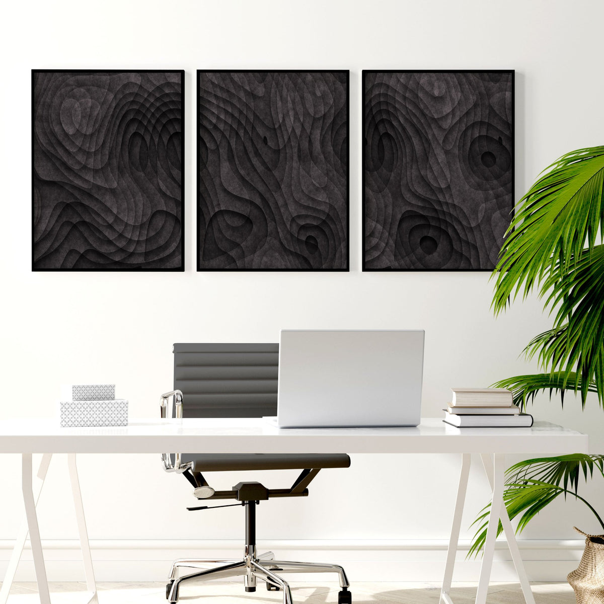 Modern Mid Century Wall Art Dark Charcoal Abstract Topographic Texture displayed on a wall in a styled room — view 3