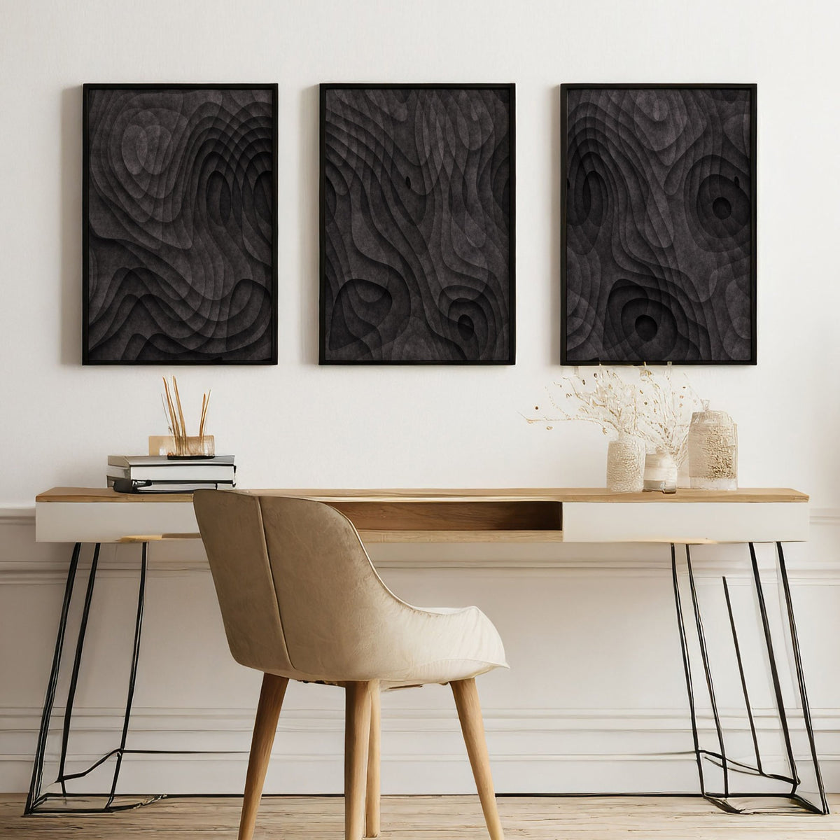 Modern Mid Century Wall Art Dark Charcoal Abstract Topographic Texture displayed on a wall in a styled room — view 5