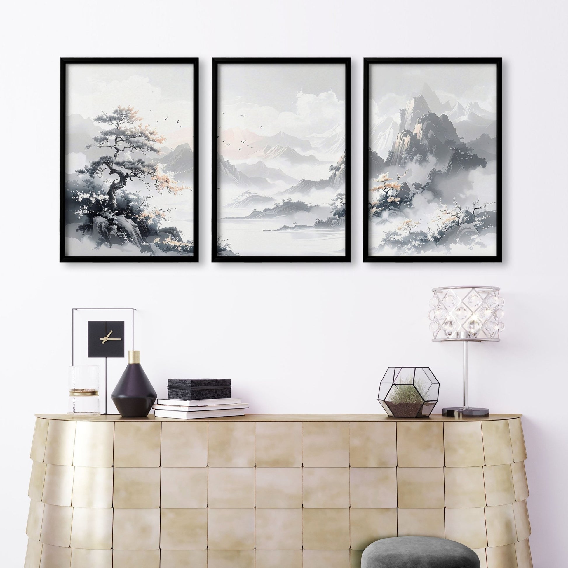 Modern Pictures For Living Room | Set of 3 Asian Inspired Wall art Prints