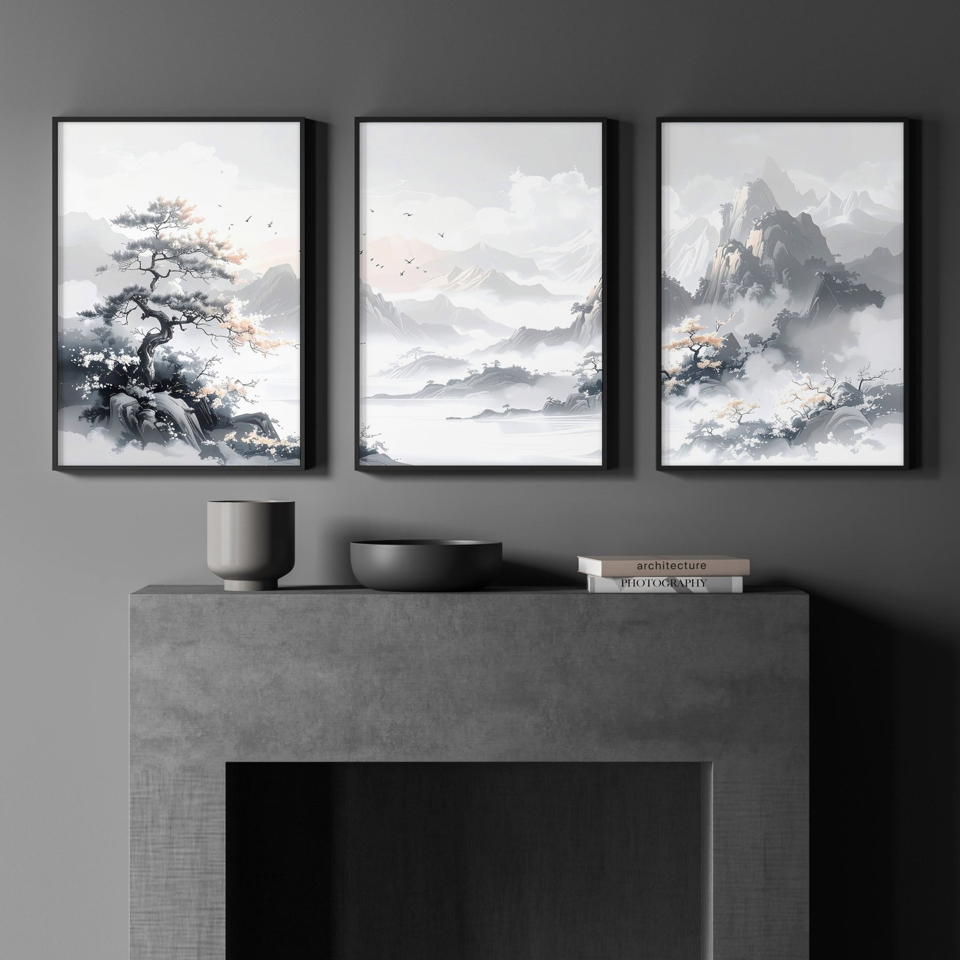 Modern Pictures For Living Room | Set of 3 Asian Inspired Wall art Prints