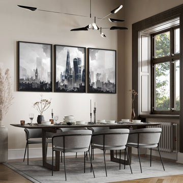 Modern Wall Art for Dining Room Paris Skyline Grey Watercolour Eiffel Tower & Sacré-Cœur Art wall art displayed on a wall in a styled room