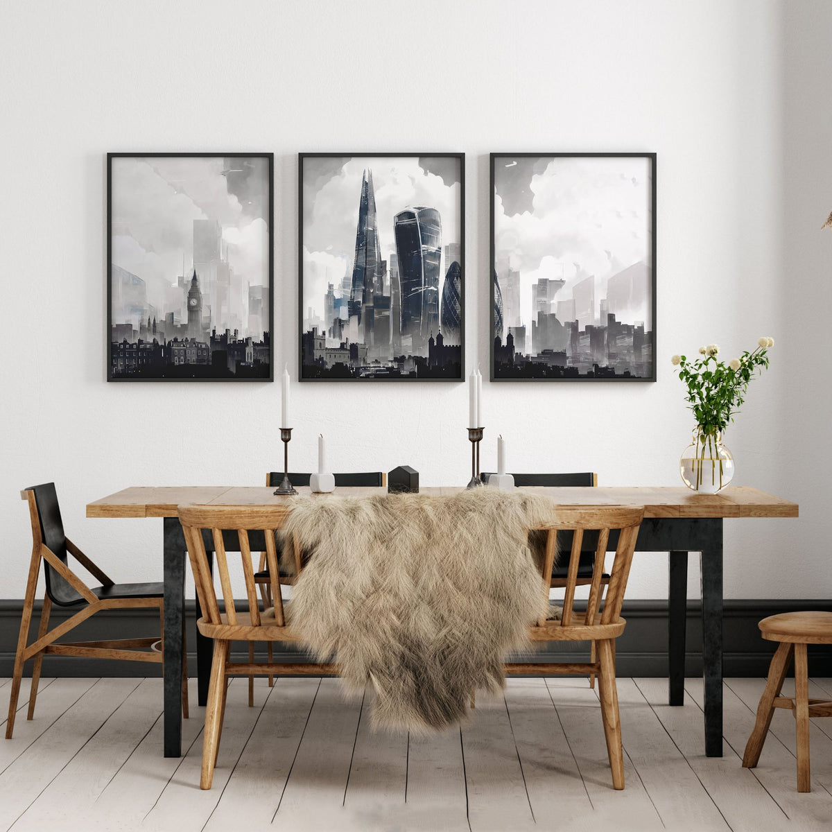 Modern Wall Art for Dining Room Paris Skyline Grey Watercolour Eiffel Tower & Sacré-Cœur Art wall art displayed on a wall in a styled room — view 2