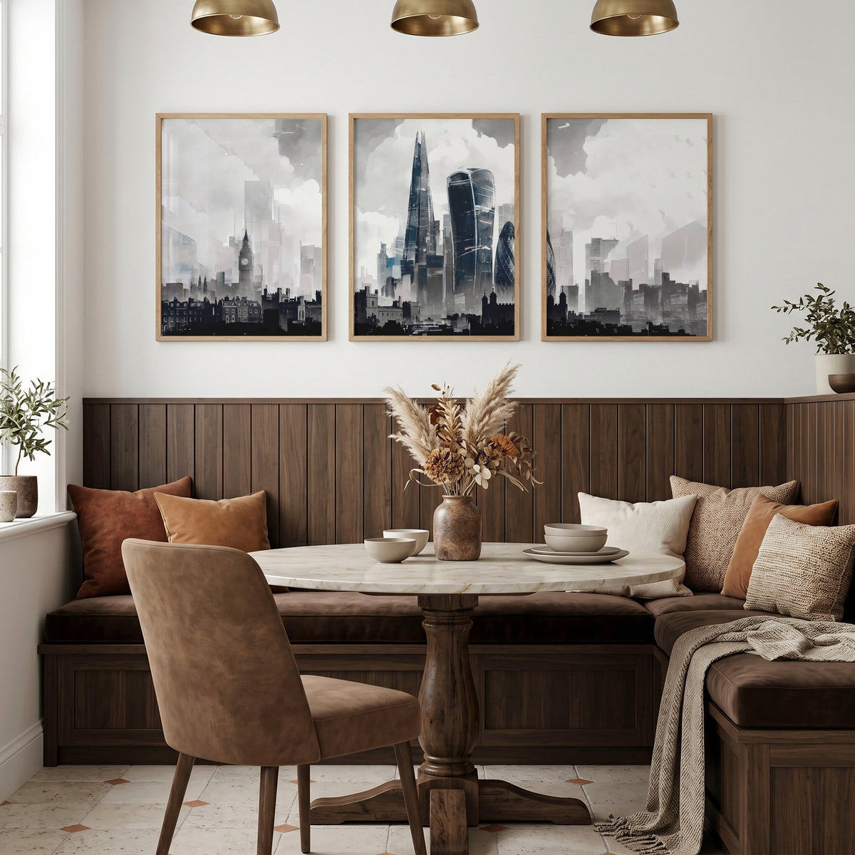 Modern Wall Art for Dining Room Paris Skyline Grey Watercolour Eiffel Tower & Sacré-Cœur Art wall art displayed on a wall in a styled room — view 4