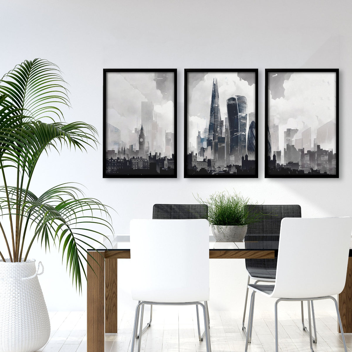 Modern Wall Art for Dining Room Paris Skyline Grey Watercolour Eiffel Tower & Sacré-Cœur Art wall art displayed on a wall in a styled room — view 5
