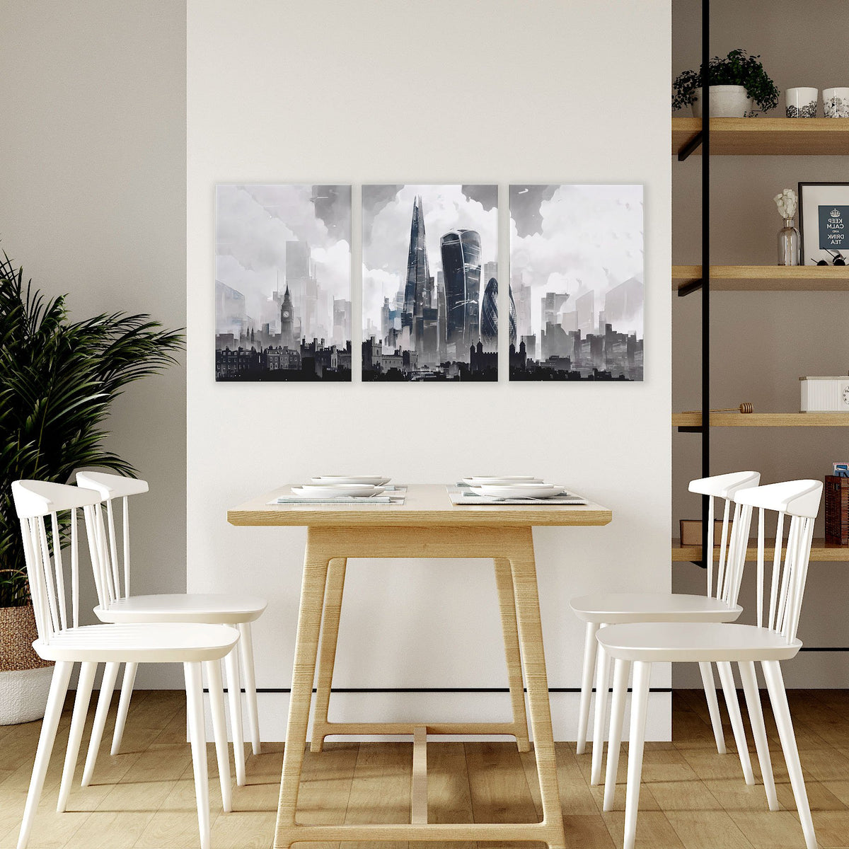 Modern Wall Art for Dining Room Paris Skyline Grey Watercolour Eiffel Tower & Sacré-Cœur Art wall art displayed on a wall in a styled room — view 6