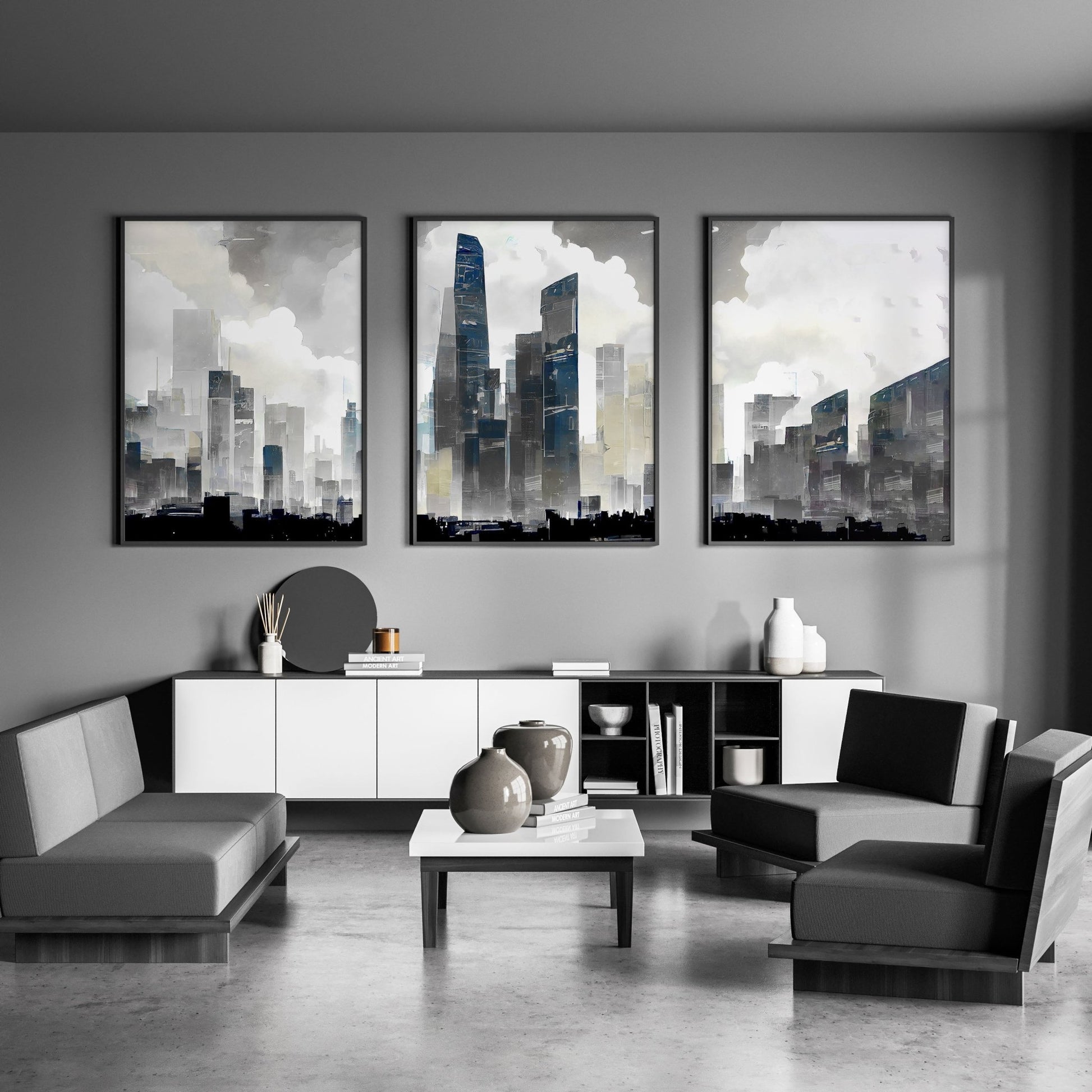 Modern Wall Art For Living Room Uk | Set of 3 Urban Skyscrapers Wall art Prints