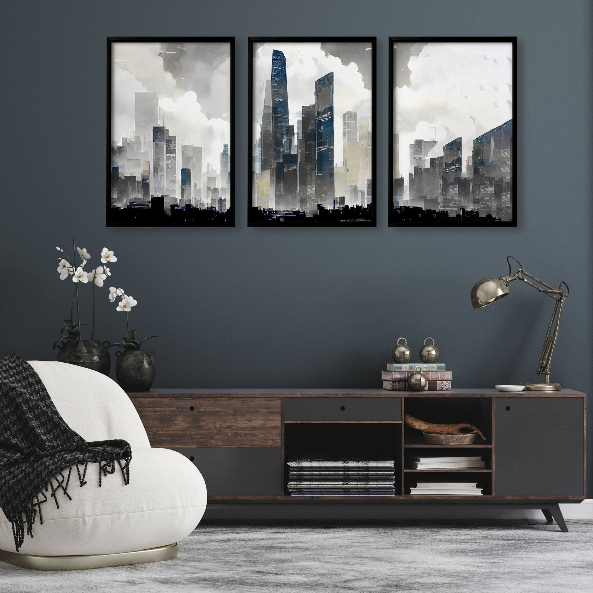 Modern Wall Art For Living Room Uk | Set of 3 Urban Skyscrapers Wall art Prints