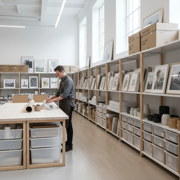 Modern warehouse with organized wall art and home decor order fulfillment