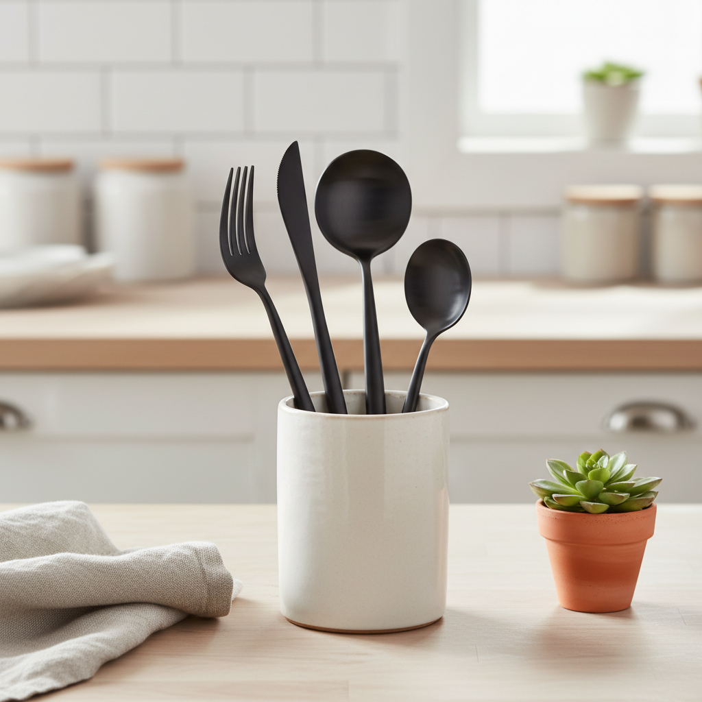 Modern Retro 16 Piece Matte Black Cutlery Set