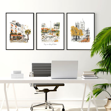 Motivational Office Wall Art Paris Autumn Watercolour wall art "Paris aux couleurs de l'automne" displayed on a wall in a styled room