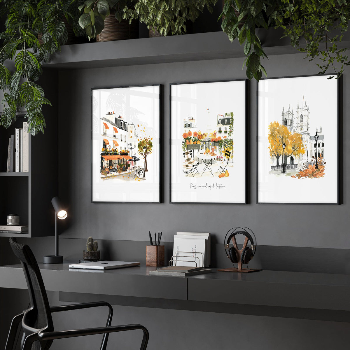 Motivational Office Wall Art Paris Autumn Watercolour wall art "Paris aux couleurs de l'automne" displayed on a wall in a styled room — view 2