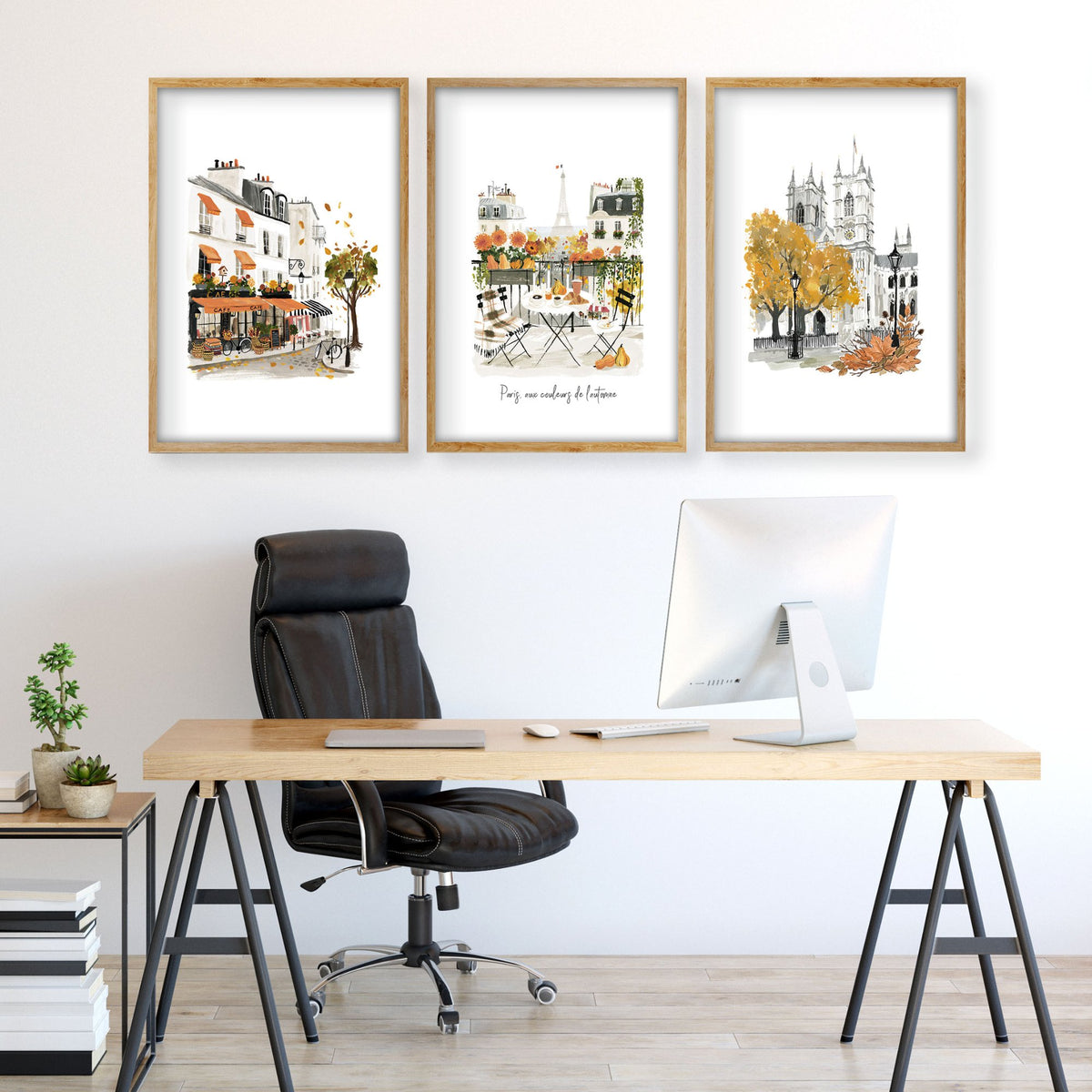 Motivational Office Wall Art Paris Autumn Watercolour wall art "Paris aux couleurs de l'automne" displayed on a wall in a styled room — view 3
