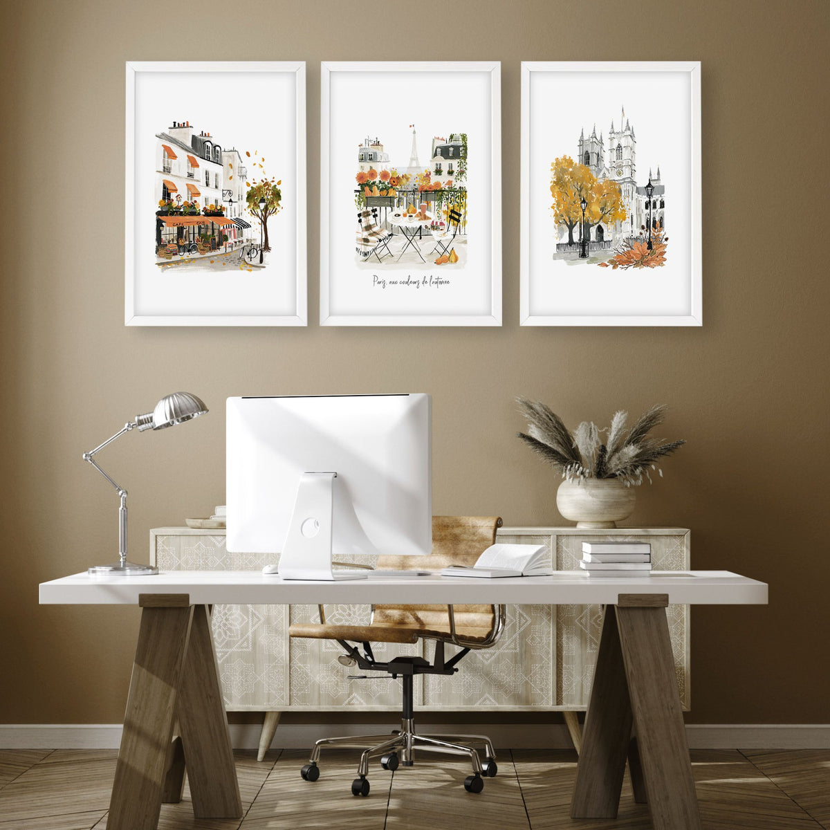 Motivational Office Wall Art Paris Autumn Watercolour wall art "Paris aux couleurs de l'automne" displayed on a wall in a styled room — view 4