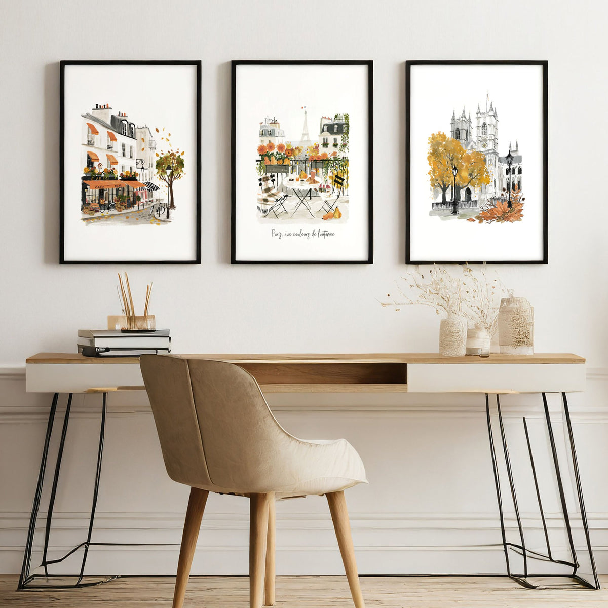 Motivational Office Wall Art Paris Autumn Watercolour wall art "Paris aux couleurs de l'automne" displayed on a wall in a styled room — view 5