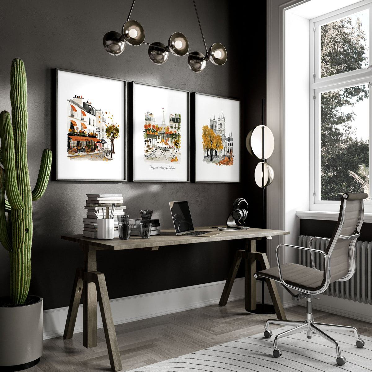 Motivational Office Wall Art Paris Autumn Watercolour wall art "Paris aux couleurs de l'automne" displayed on a wall in a styled room — view 6