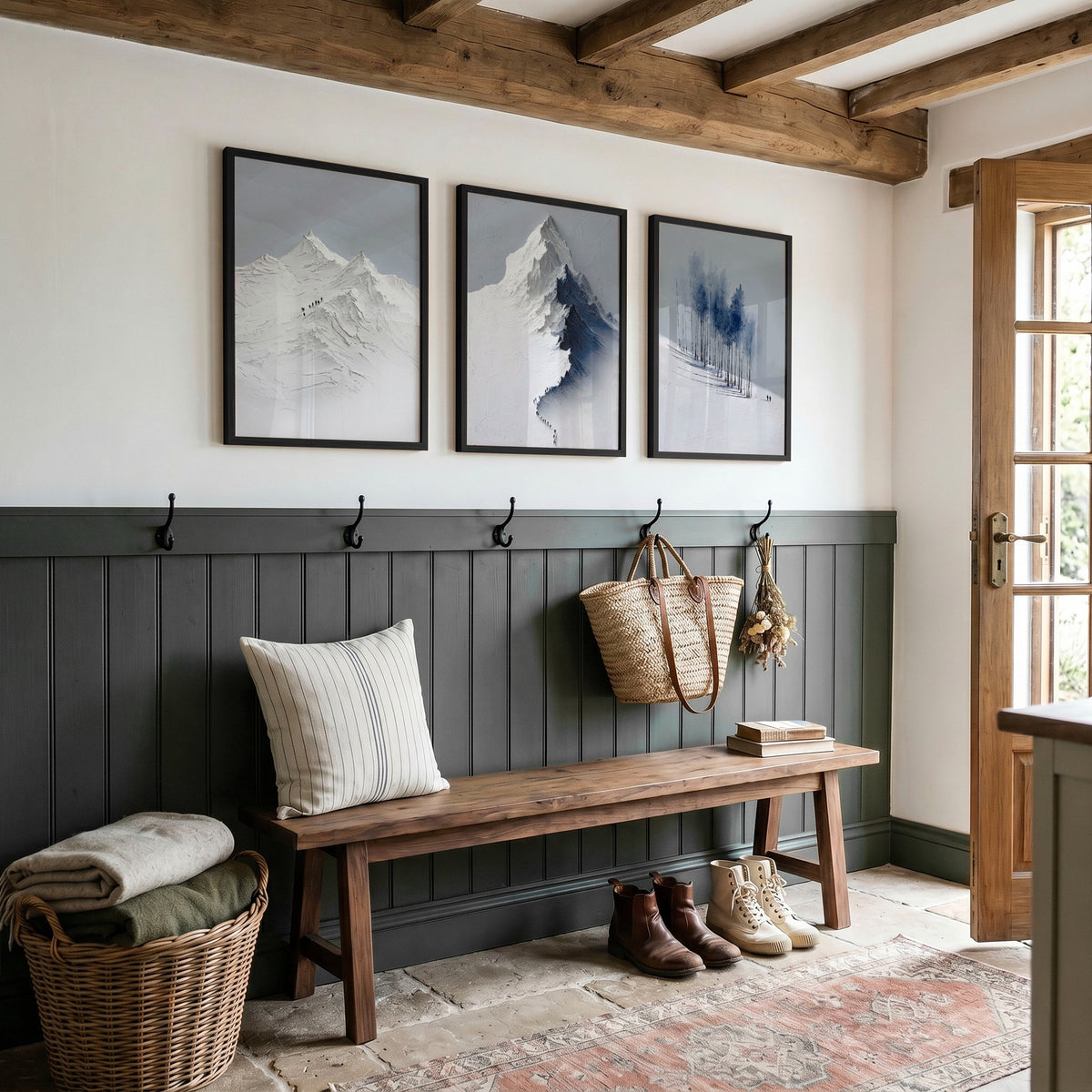 Mountain Drawings Scandinavian Snow Landscape wall art displayed on a wall in a styled room