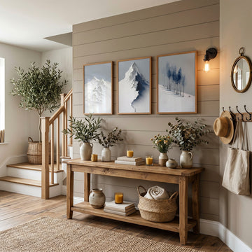 Mountain Drawings Scandinavian Snow Landscape wall art displayed on a wall in a styled room — view 2