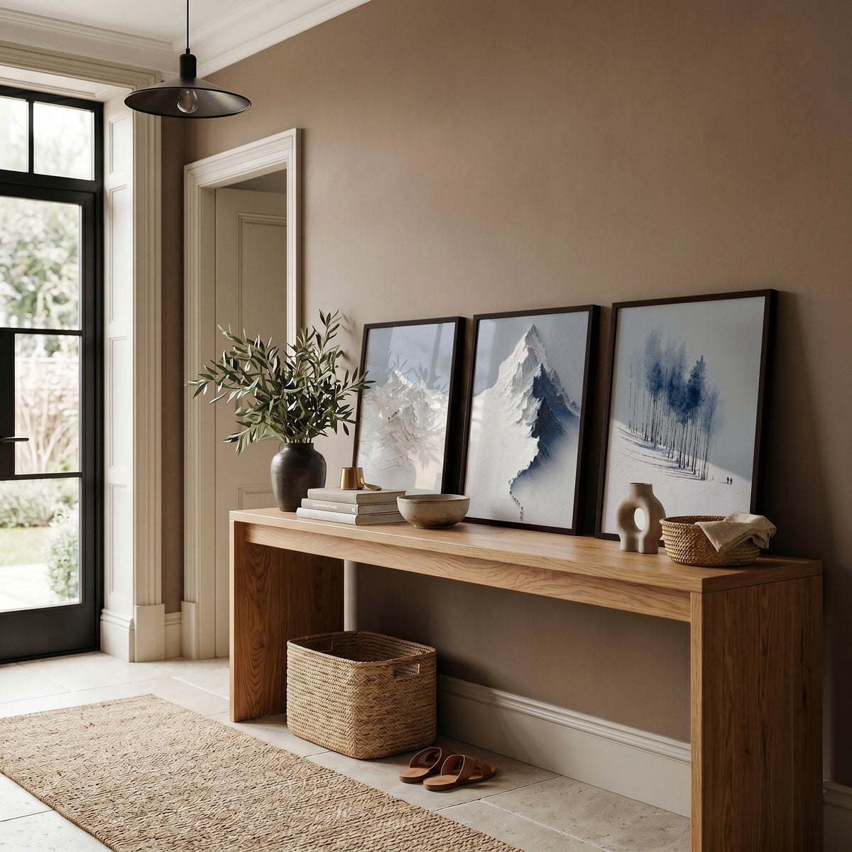 Mountain Drawings Scandinavian Snow Landscape wall art displayed on a wall in a styled room — view 4