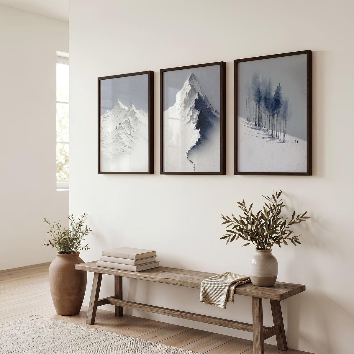 Mountain Drawings Scandinavian Snow Landscape wall art displayed on a wall in a styled room — view 5