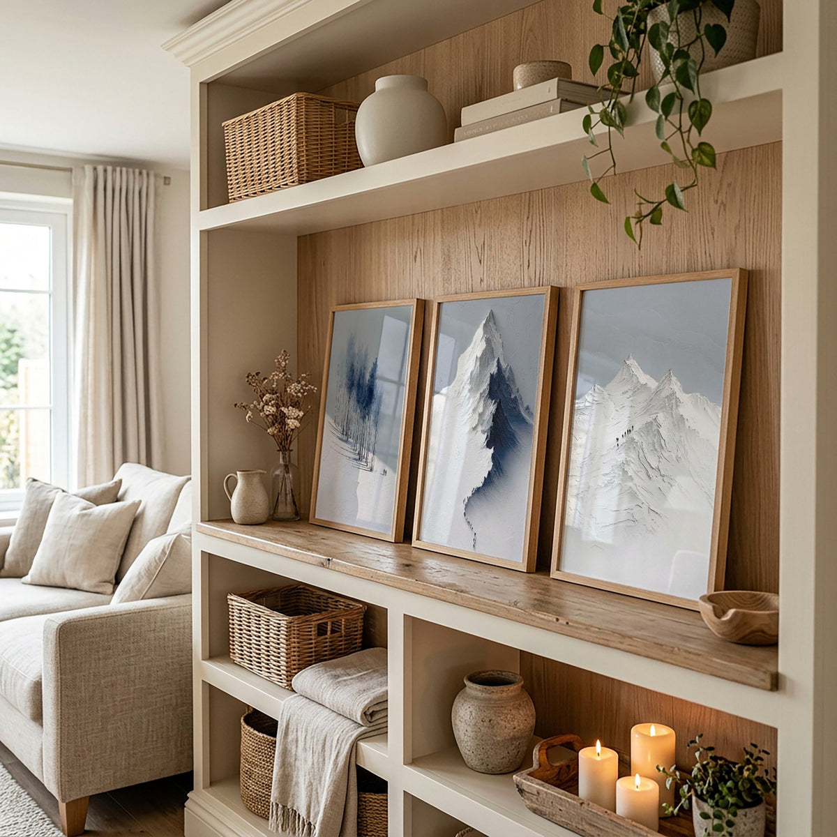 Mountain Drawings Scandinavian Snow Landscape wall art displayed on a wall in a styled room — view 7